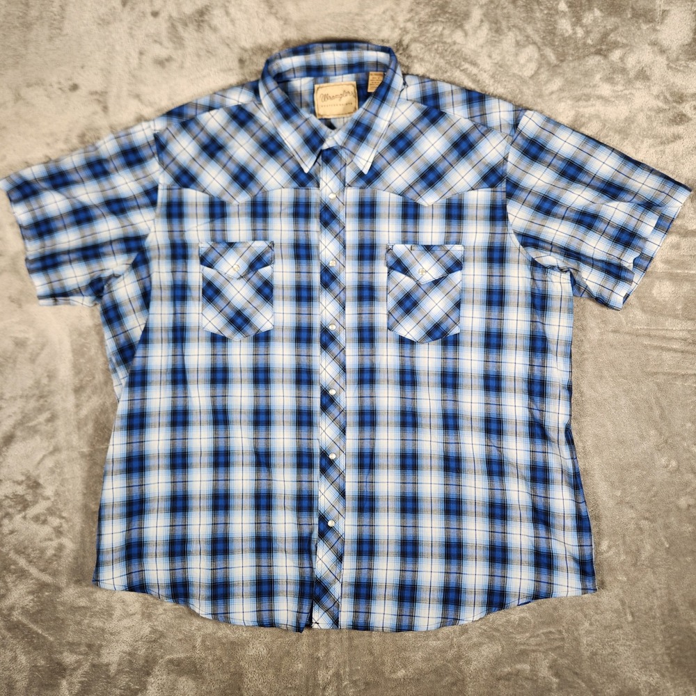 Wrangler Shirt Mens 3XL Western Blue Plaid Pearl Snap Short Sleeve EUC